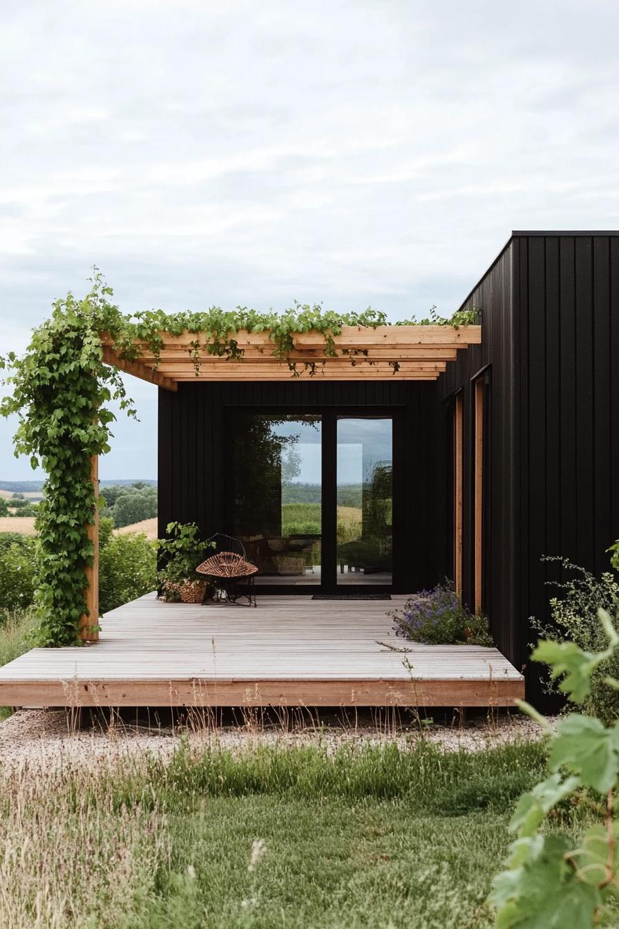 modern prefab small house facade with black siding natural wood deck with pergola with vines Scandinavian fields full house view 2