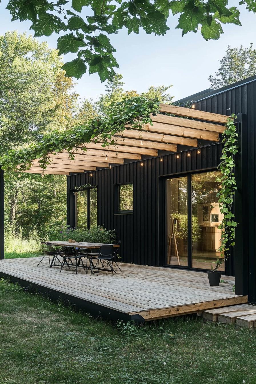 modern prefab small house facade with black siding natural wood deck with pergola with vines Scandinavian fields full house view 3