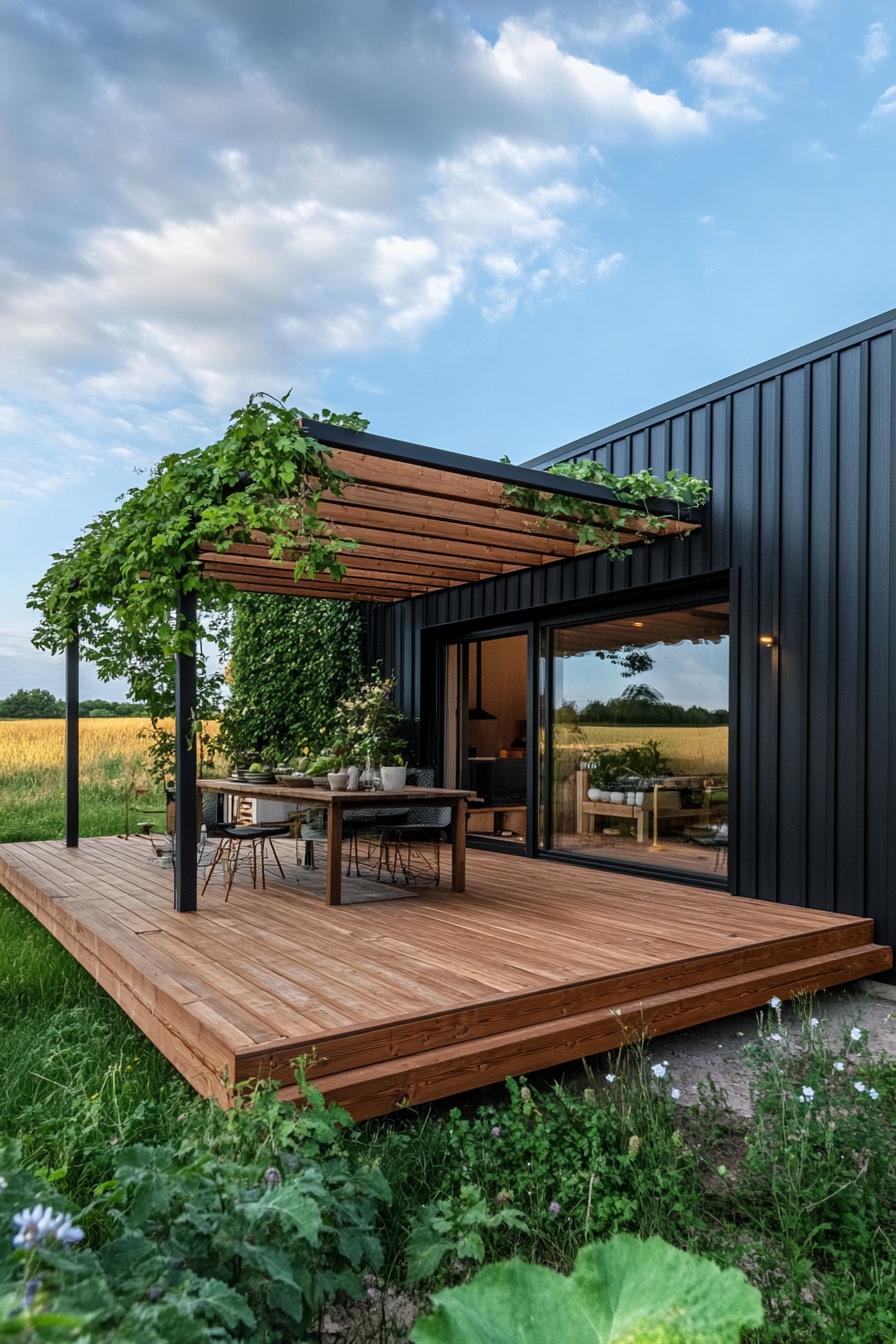 modern prefab small house facade with black siding natural wood deck with pergola with vines Scandinavian fields full house view