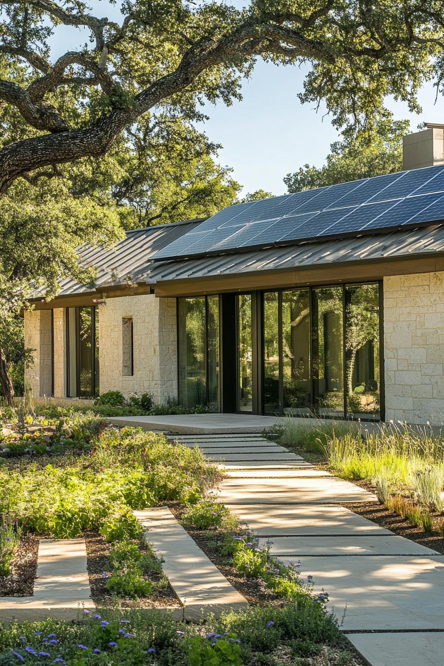 modern ranch house facade with solar roof surrounded by ranch garden 1