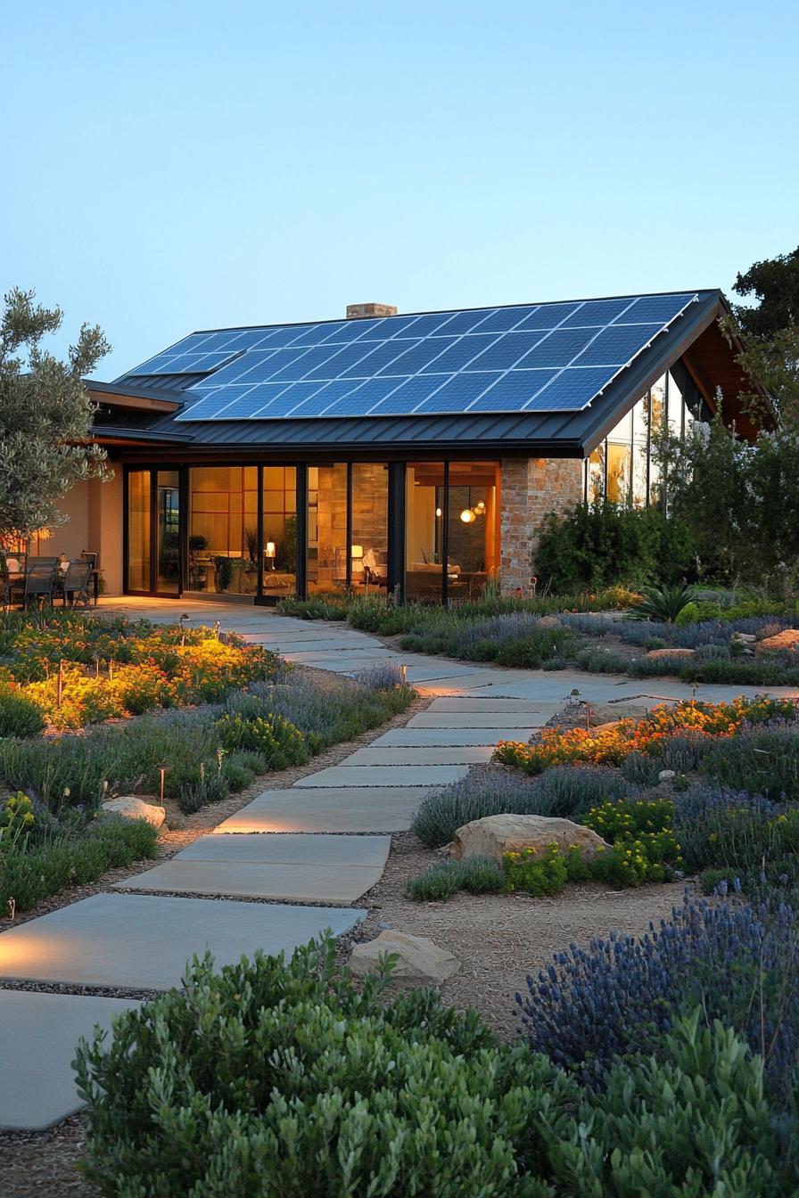 modern ranch house facade with solar roof surrounded by ranch garden 2