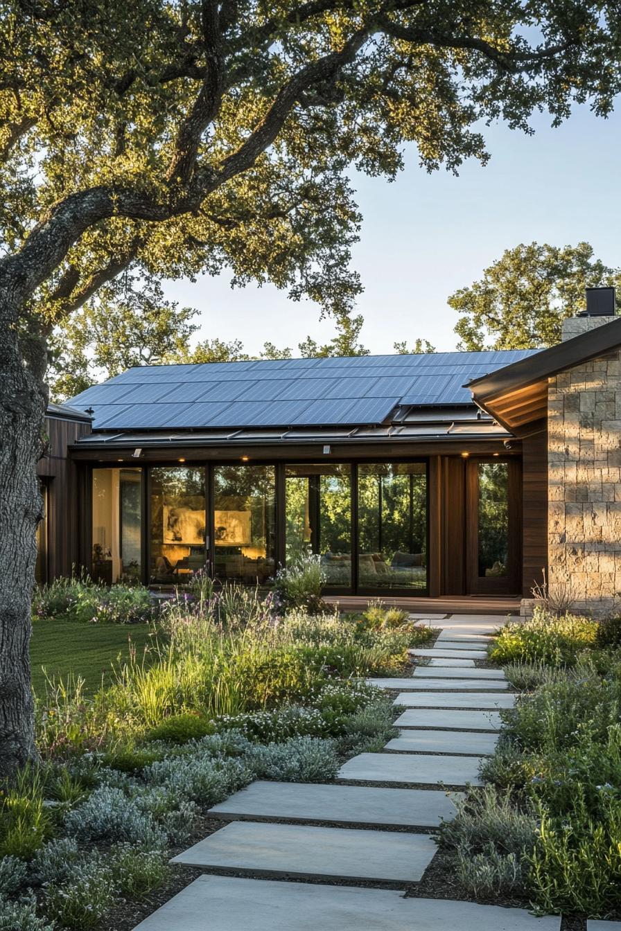 modern ranch house facade with solar roof surrounded by ranch garden 3