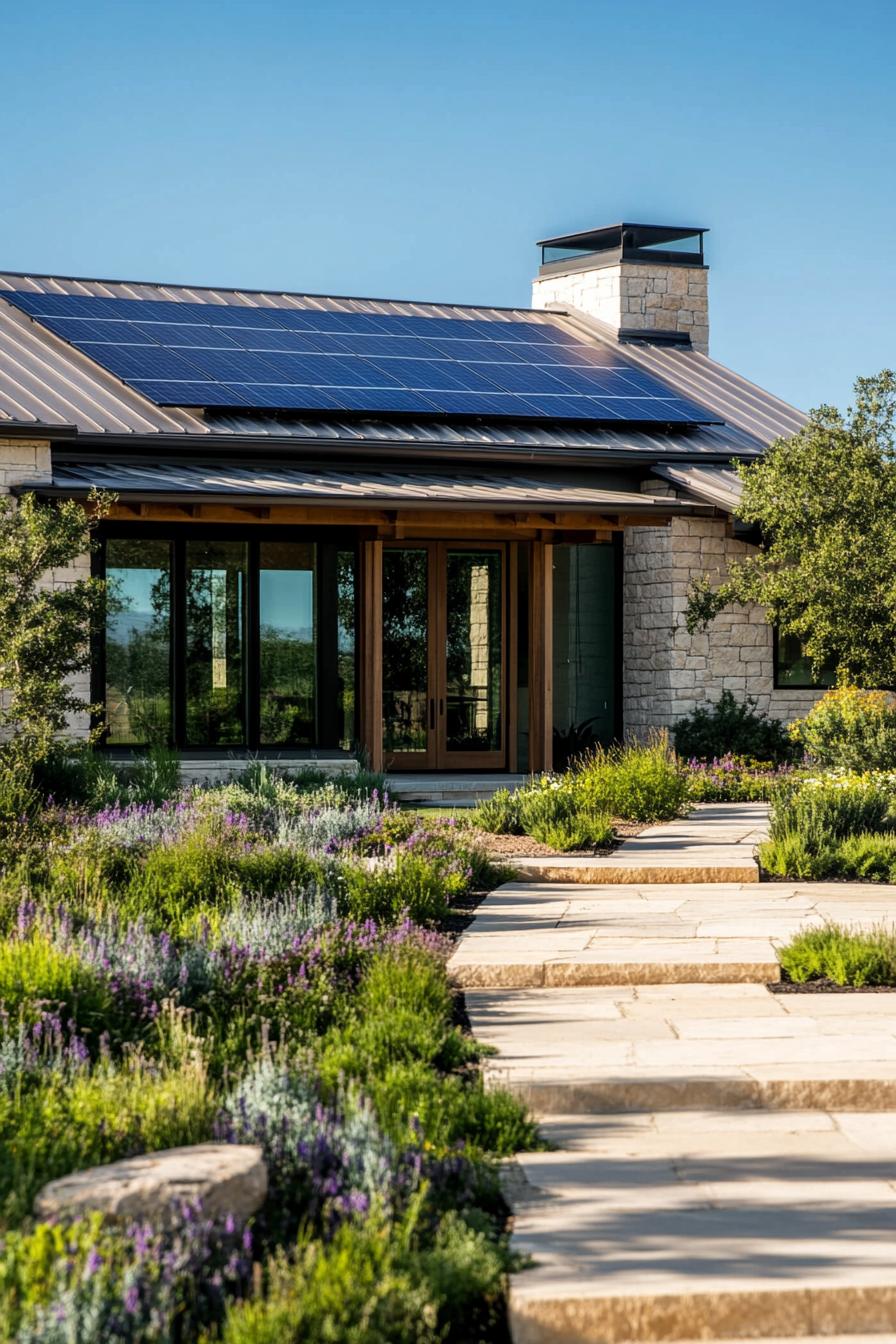 modern ranch house facade with solar roof surrounded by ranch garden