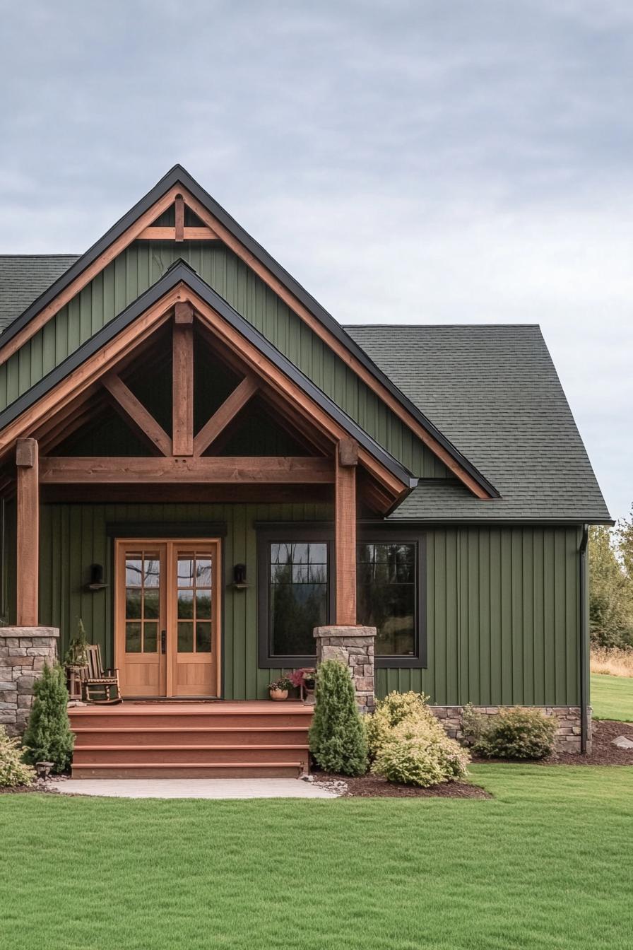 modern rustic small barn home with board and batten forest green siding natural wood stain trim porch with beams and steps lawn with shrubs