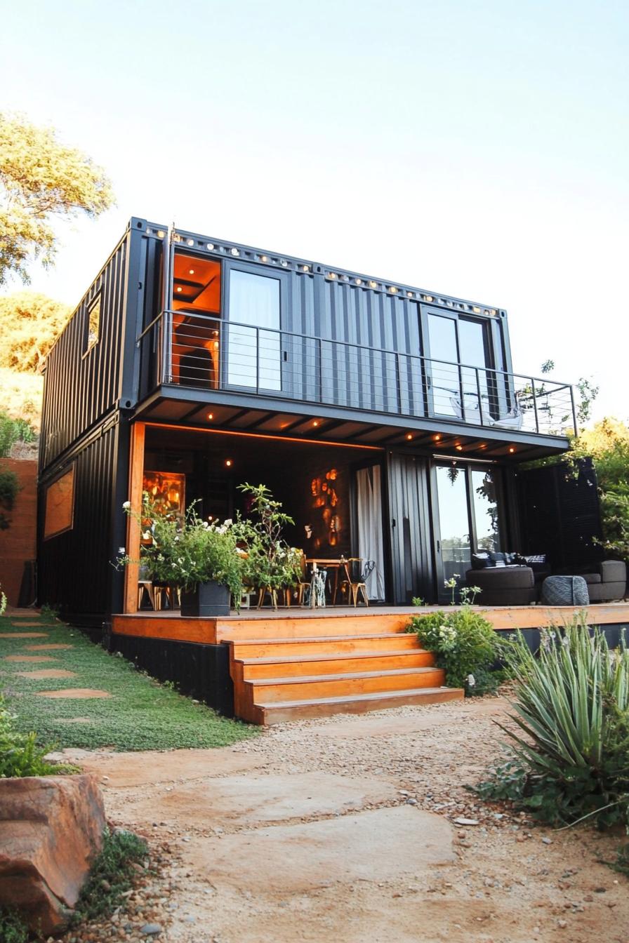 modern terrace shipping container house with metal cladding