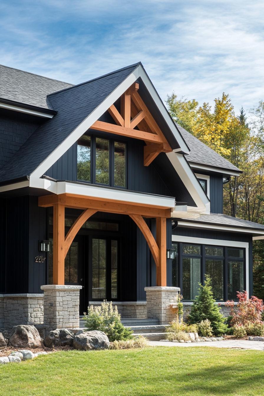 modern timber frame house facade with dark stain timber and contrasting white trim 1