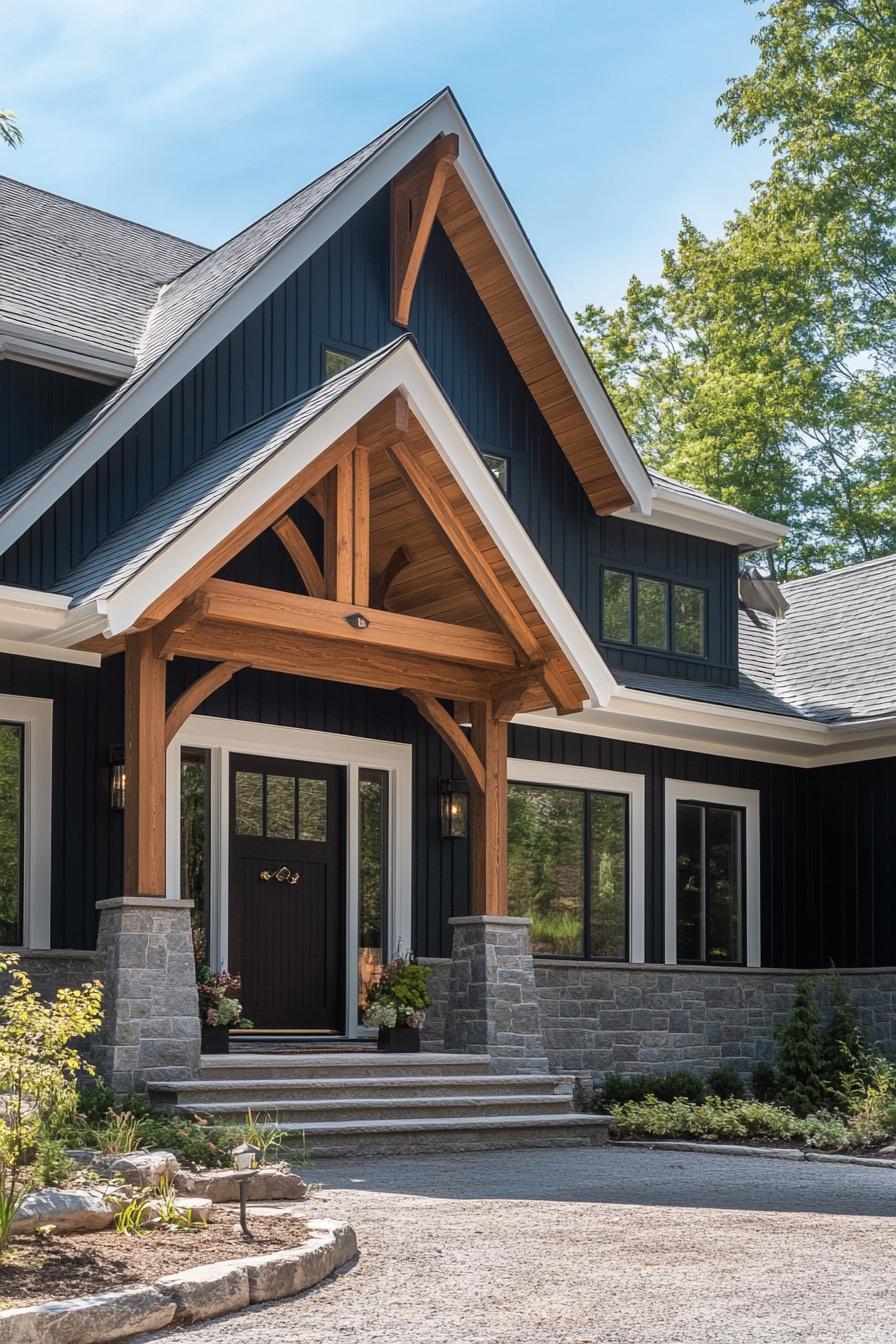 modern timber frame house facade with dark stain timber and contrasting white trim 2