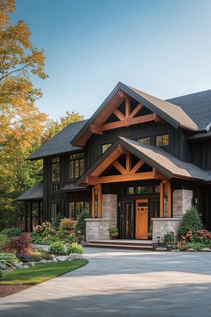 modern timber frame house facade with dark stain timber and contrasting white trim 3