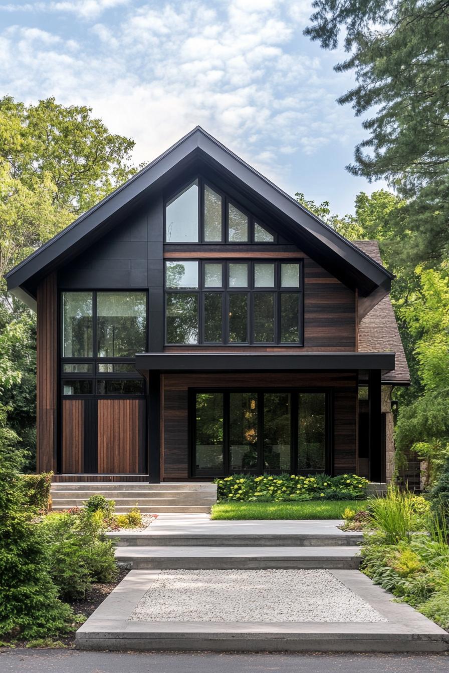 modern timber frame house facade with dark stain timber and contrasting white trim