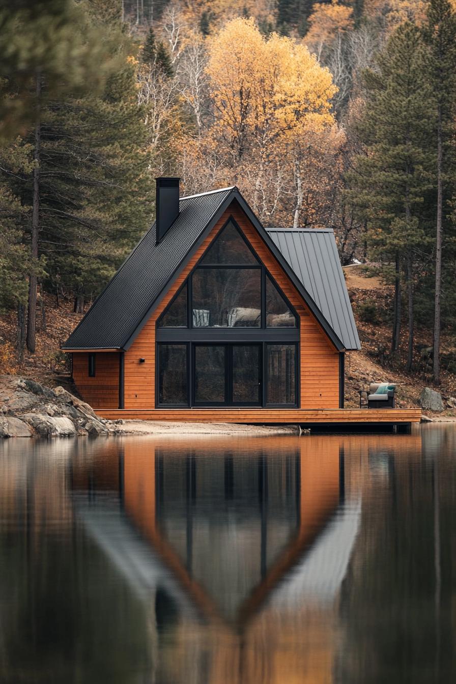 modern tiny a frame cabin with wood siding full front wall window multi pitched metal roof lake in front with a reflection of the cabin forest in 1