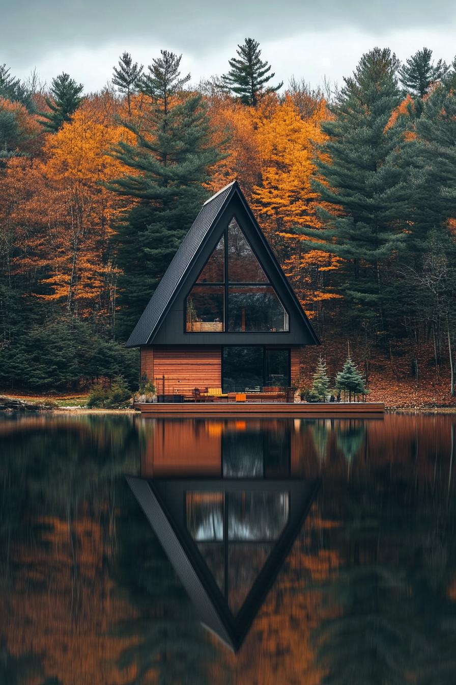 modern tiny a frame cabin with wood siding full front wall window multi pitched metal roof lake in front with a reflection of the cabin forest in