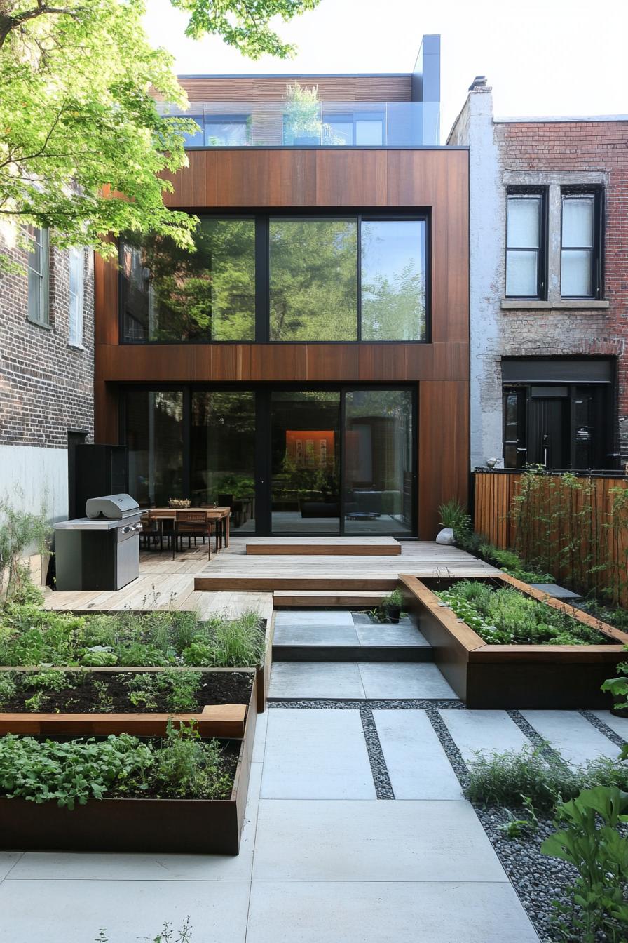 modern townhouse backyard with edible garden beds 1