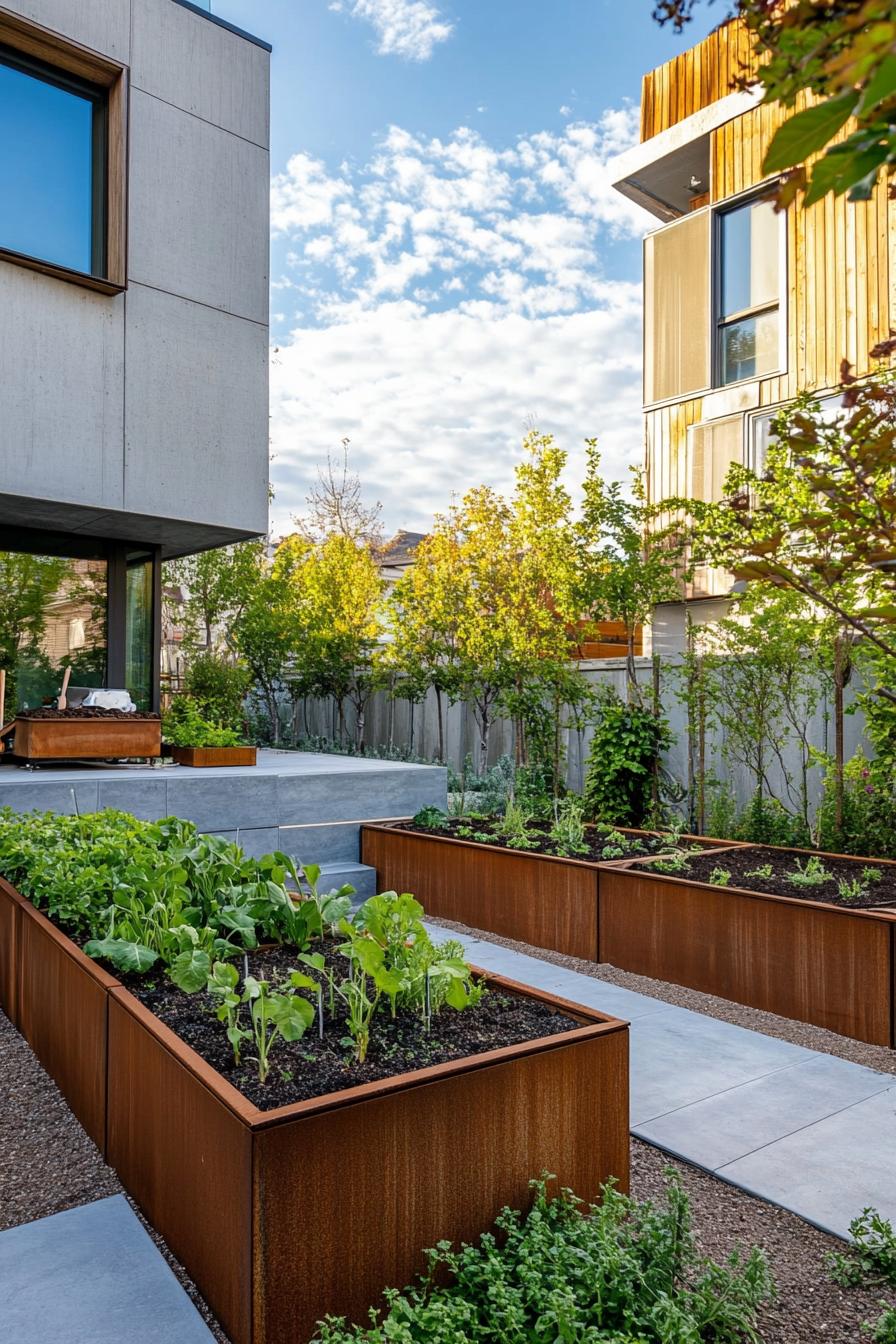 modern townhouse backyard with edible garden beds 2