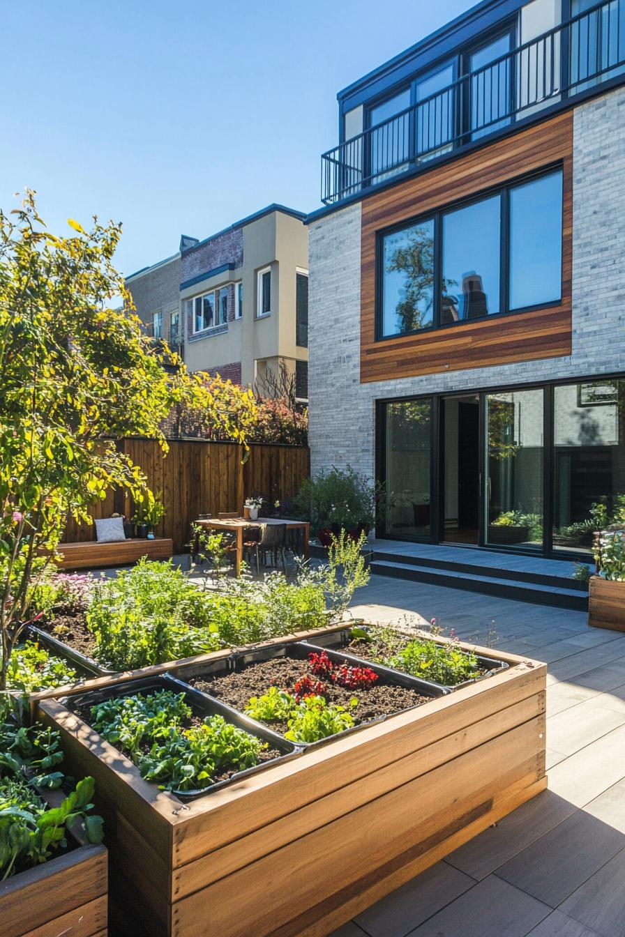 modern townhouse backyard with edible garden beds