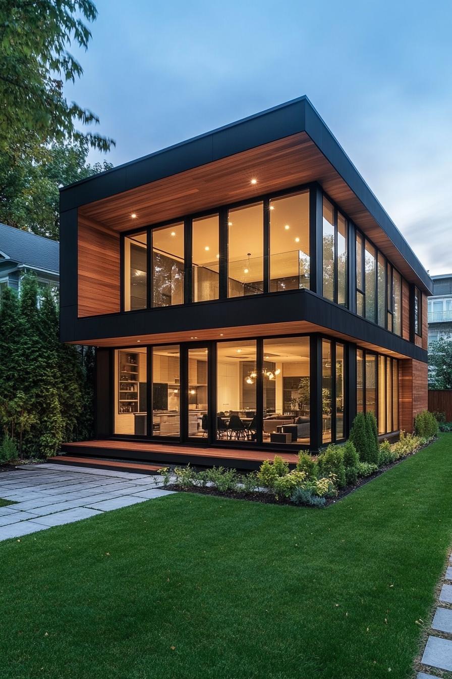 modern villa with wood siding black metal frame large glass windows concrete paved yard with lawn and shrubs