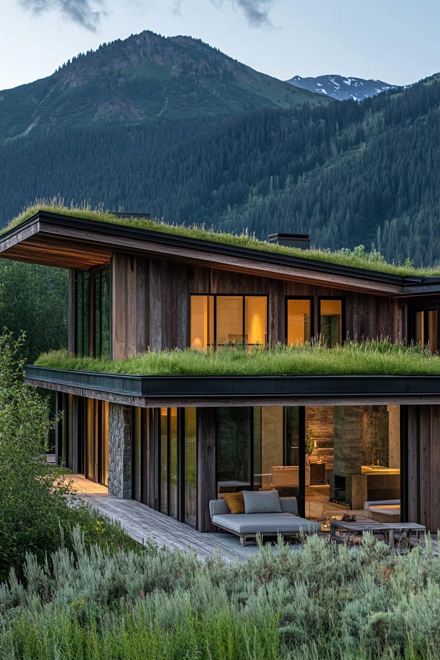 modern wood house facade with reclaimed wood siding and eco friendly green roof magnificent green grass mountain in the background 1