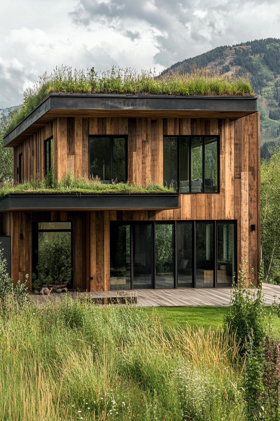 modern wood house facade with reclaimed wood siding and eco friendly green roof magnificent green grass mountain in the background 2