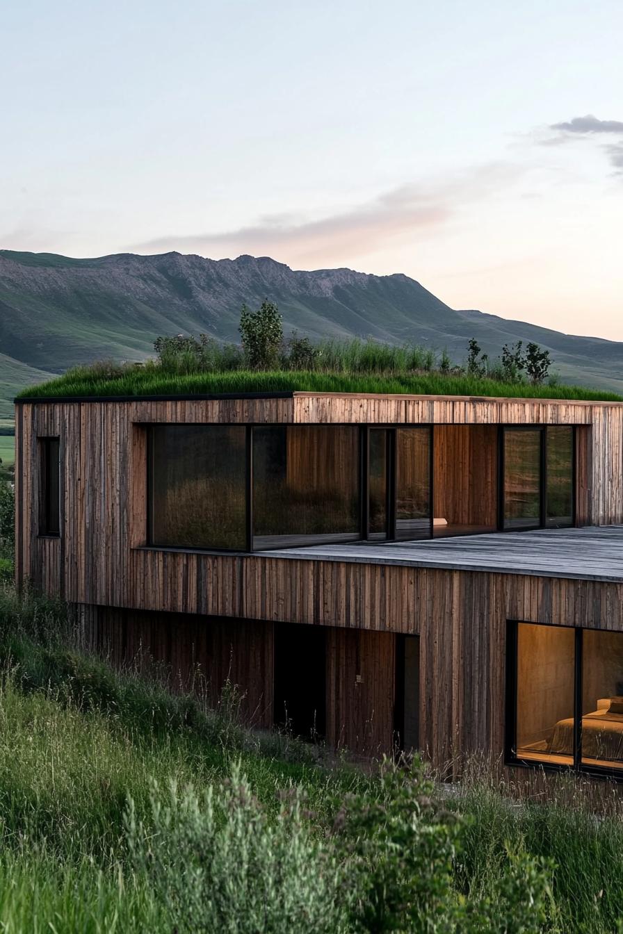 modern wood house facade with reclaimed wood siding and eco friendly green roof magnificent green grass mountain in the background 3