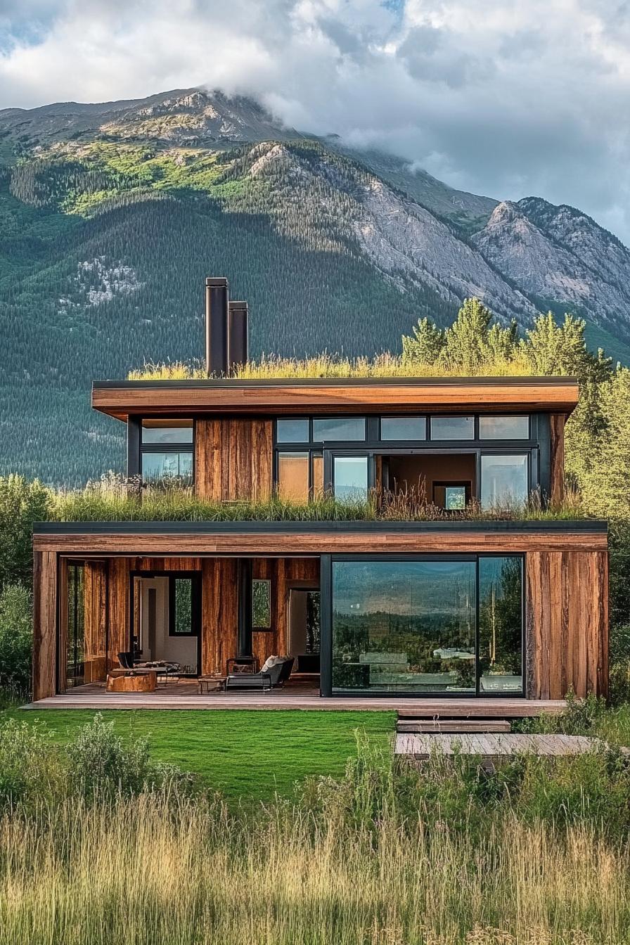 modern wood house facade with reclaimed wood siding and eco friendly green roof magnificent green grass mountain in the background