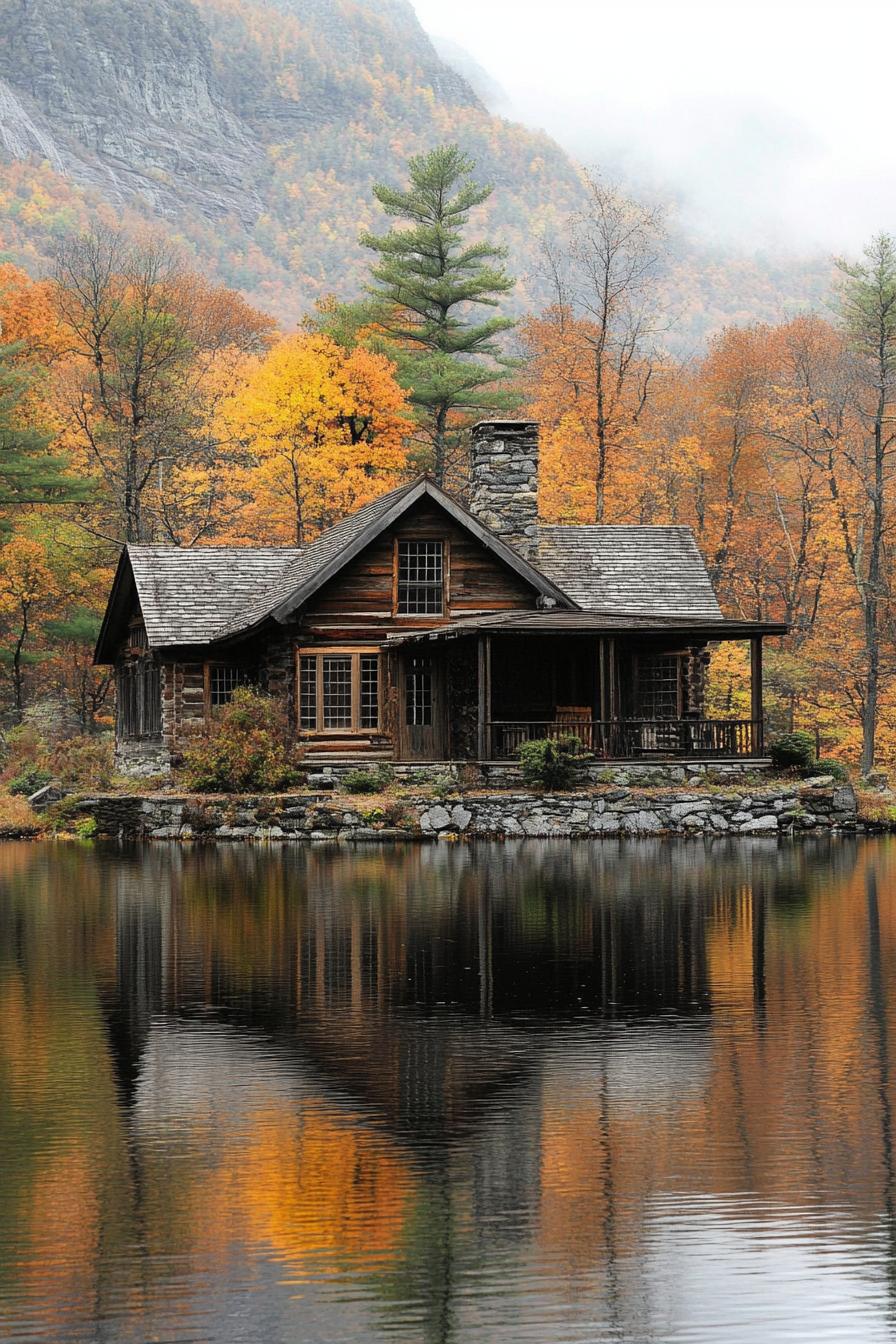 mountain house at the feet of a mountain rustic siding stone foundation and chimney lake in front with a reflection of the house 1