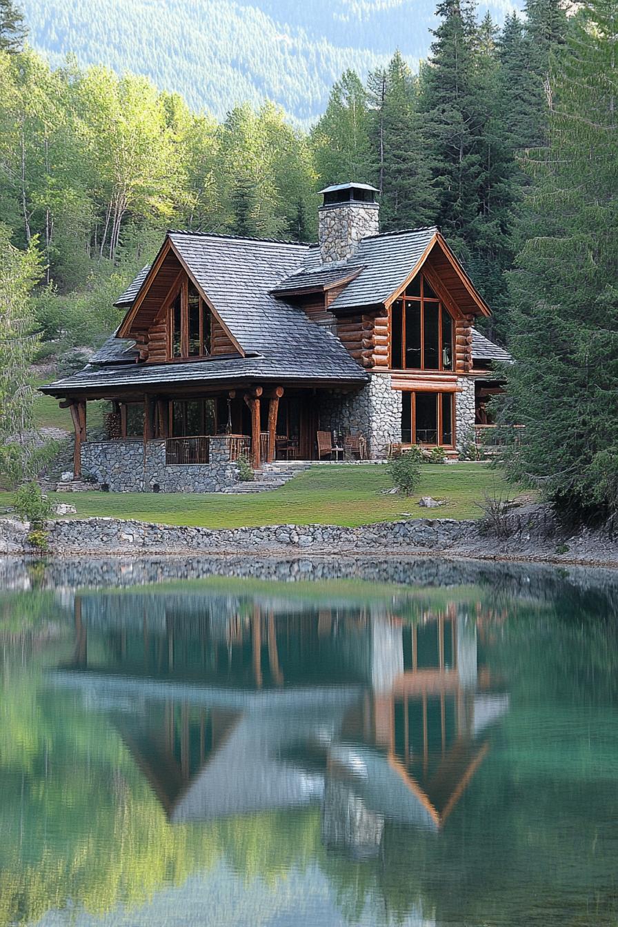 mountain house at the feet of a mountain rustic siding stone foundation and chimney lake in front with a reflection of the house 2