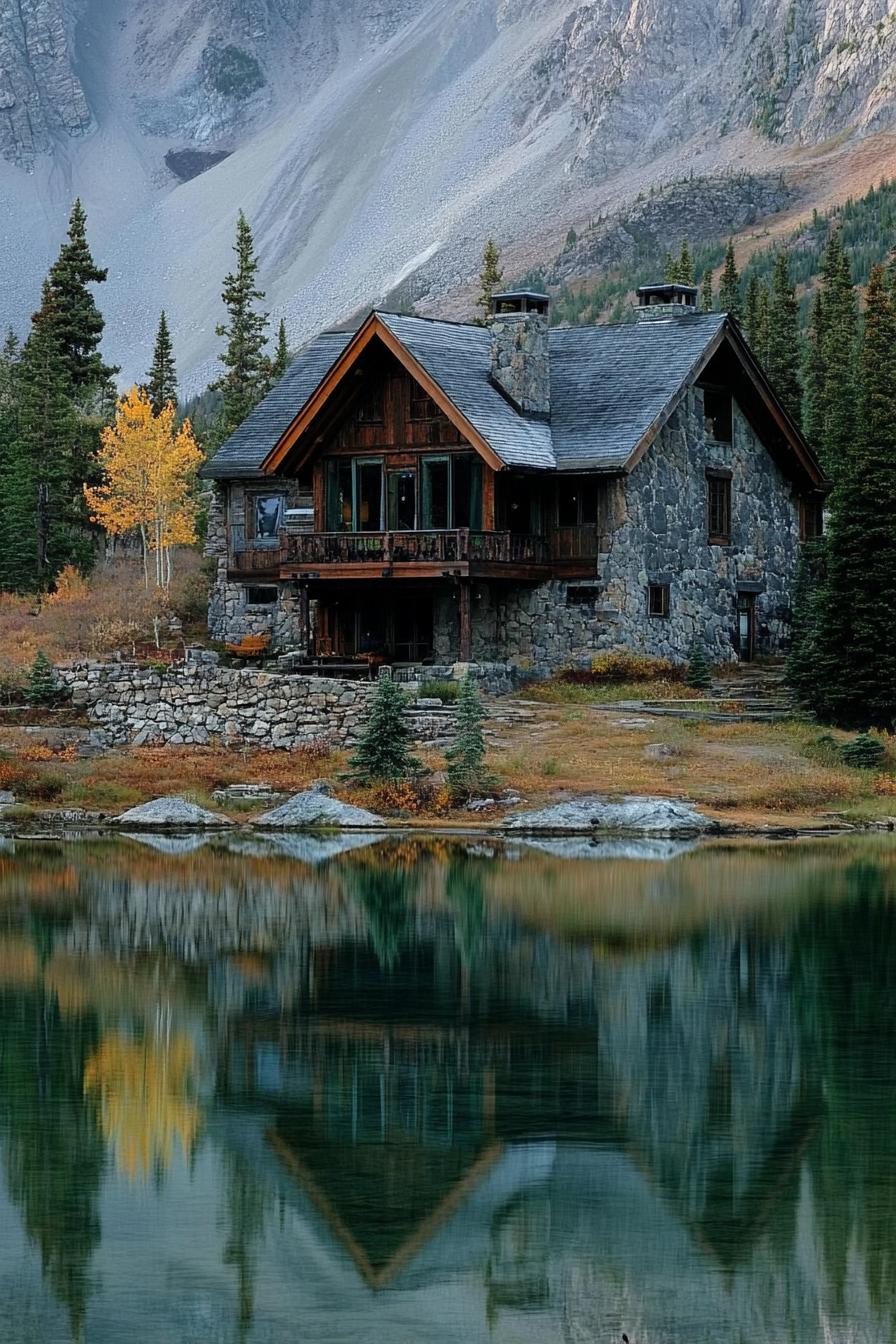 mountain house at the feet of a mountain rustic siding stone foundation and chimney lake in front with a reflection of the house 3