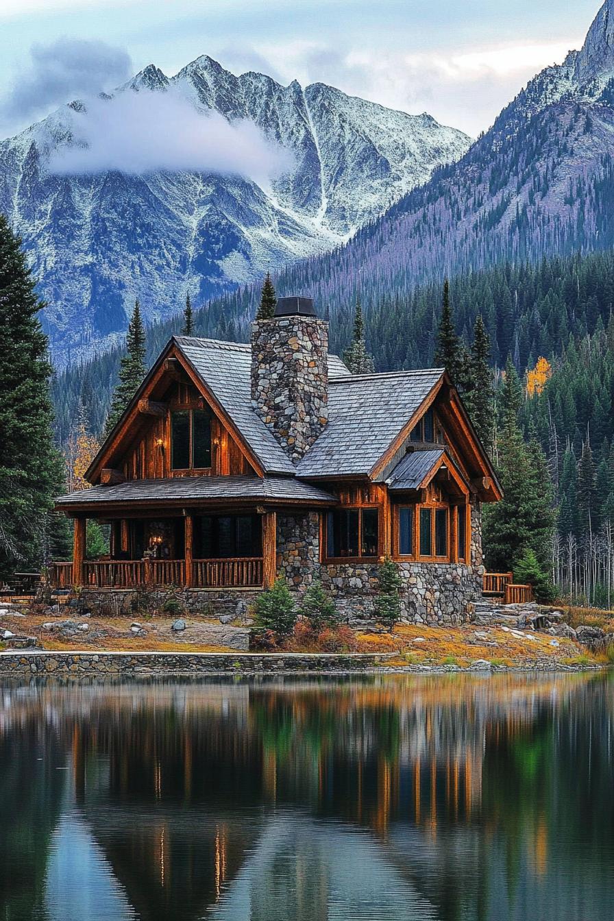 mountain house at the feet of a mountain rustic siding stone foundation and chimney lake in front with a reflection of the house