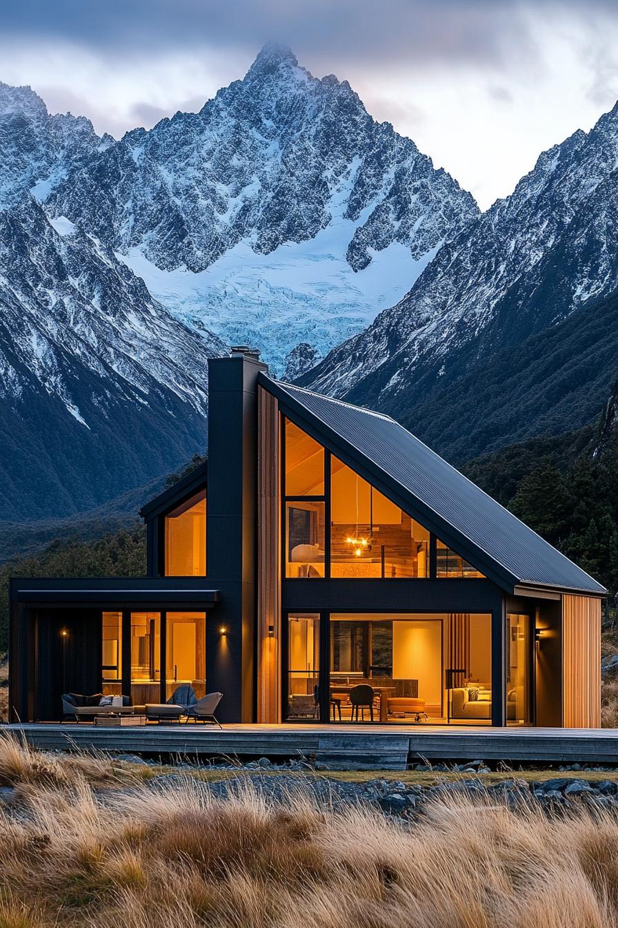 mountain house with imposing New Zealandean mountains in the background 1