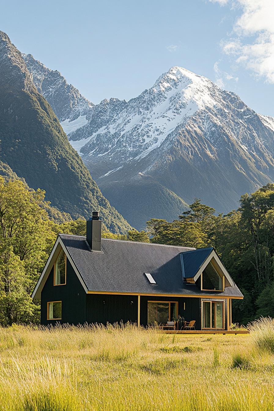 mountain house with imposing New Zealandean mountains in the background 2