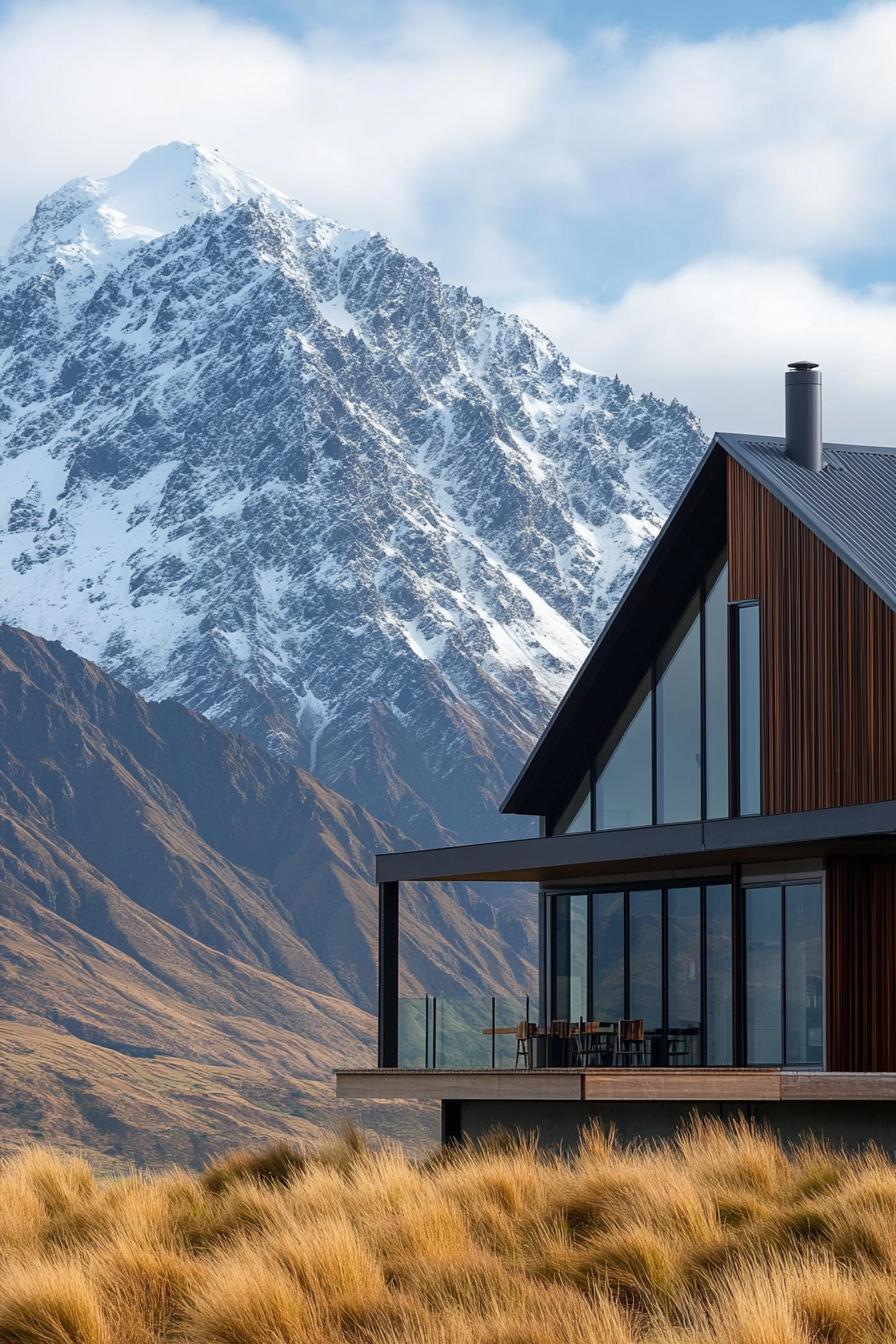 mountain house with imposing New Zealandean mountains in the background 3