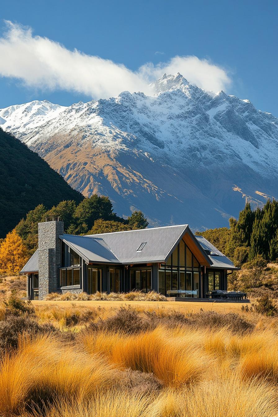 mountain house with imposing New Zealandean mountains in the background