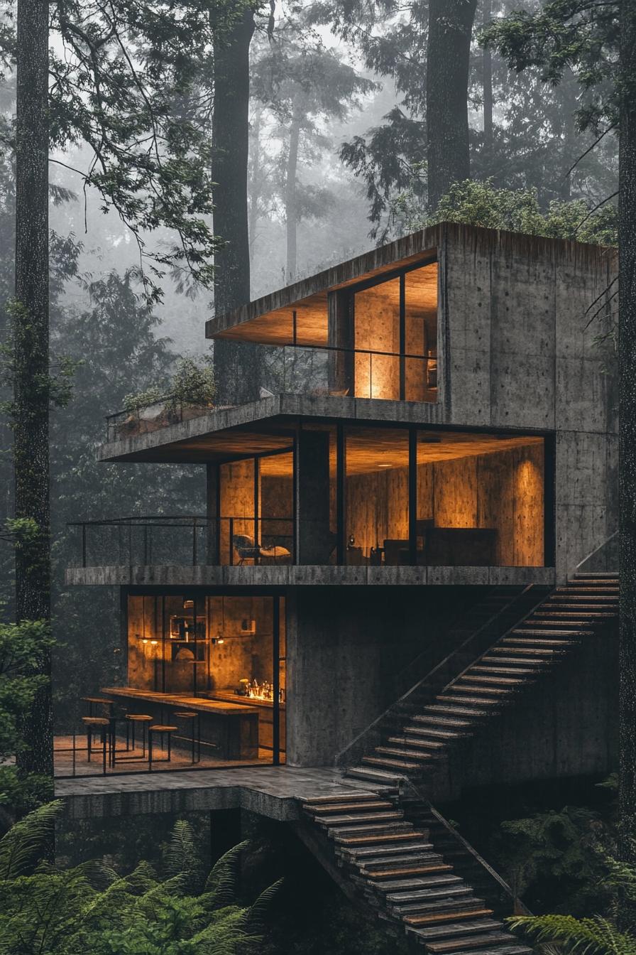 multi level modern industrial concrete forest house with tarraces bar on the first floor wooden stairs leading to upper levels tall forest trees 1