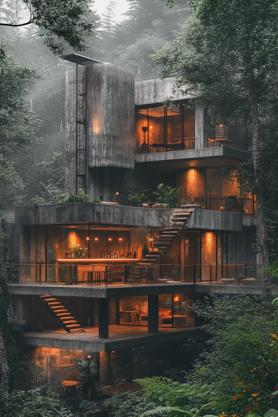 multi level modern industrial concrete forest house with tarraces bar on the first floor wooden stairs leading to upper levels tall forest trees 2