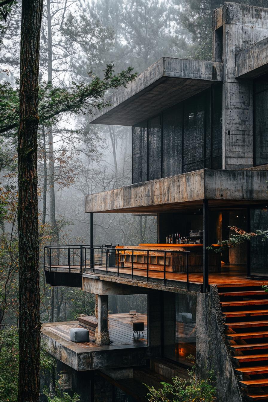 multi level modern industrial concrete forest house with tarraces bar on the first floor wooden stairs leading to upper levels tall forest trees 3