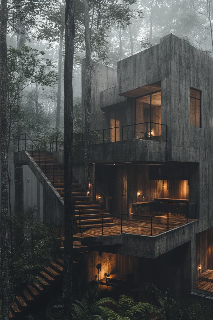 multi level modern industrial concrete forest house with tarraces bar on the first floor wooden stairs leading to upper levels tall forest trees