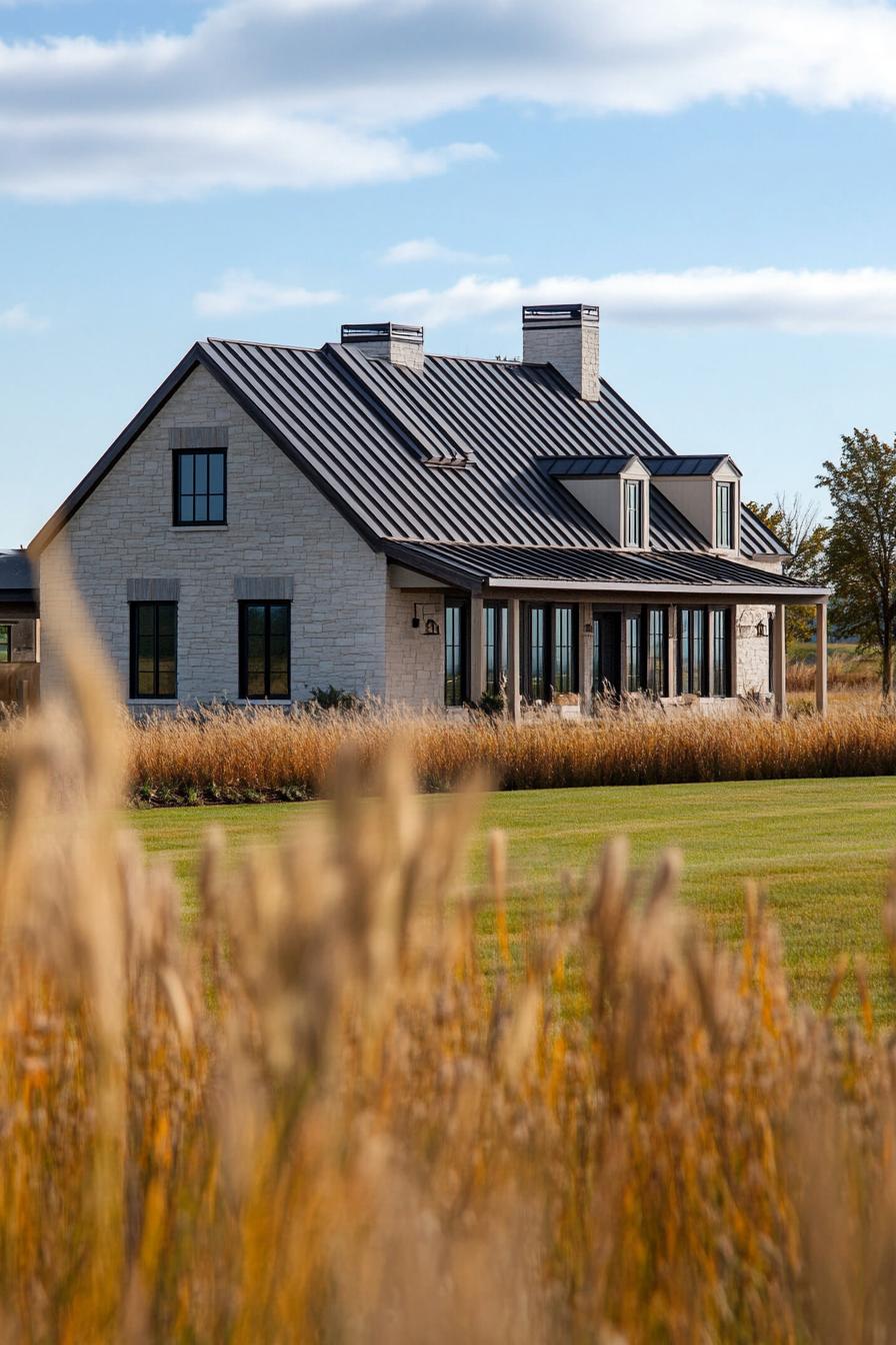 new traditional ranch house multi pitched roof board and batten siding ranch fields