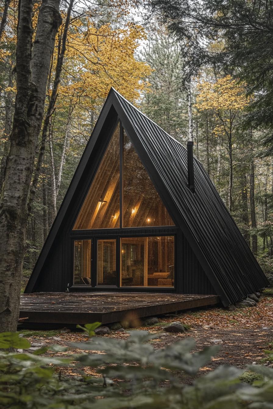 nordic black cabin with lopsided a frame roof in a forest 1