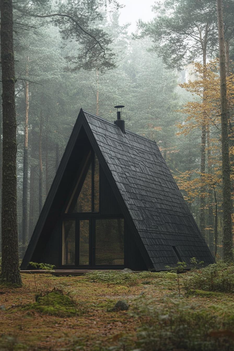 nordic black cabin with lopsided a frame roof in a forest 2