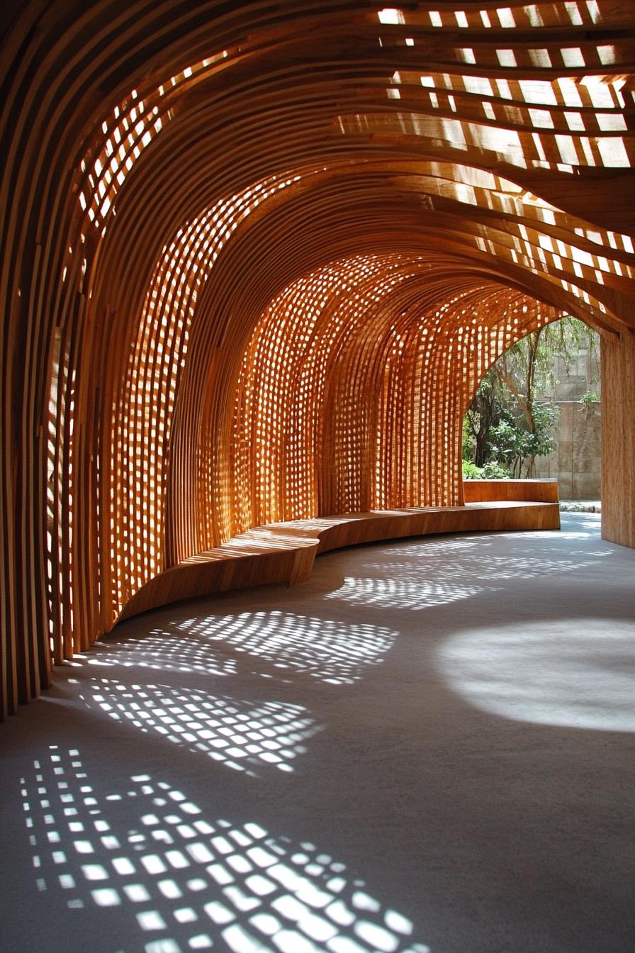 organic architecture curved courtyard structure made of wood daylight shines through this grated structure making grated shadows on the concrete 1