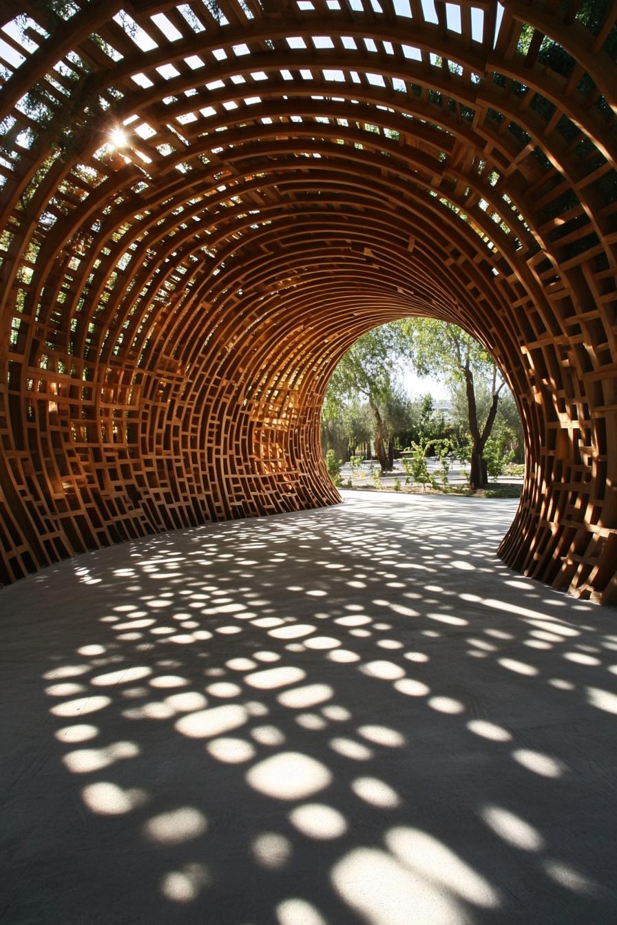 organic architecture curved courtyard structure made of wood daylight shines through this grated structure making grated shadows on the concrete 2