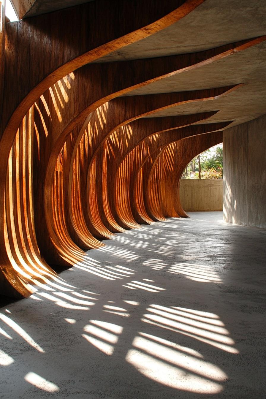 organic architecture curved courtyard structure made of wood daylight shines through this grated structure making grated shadows on the concrete