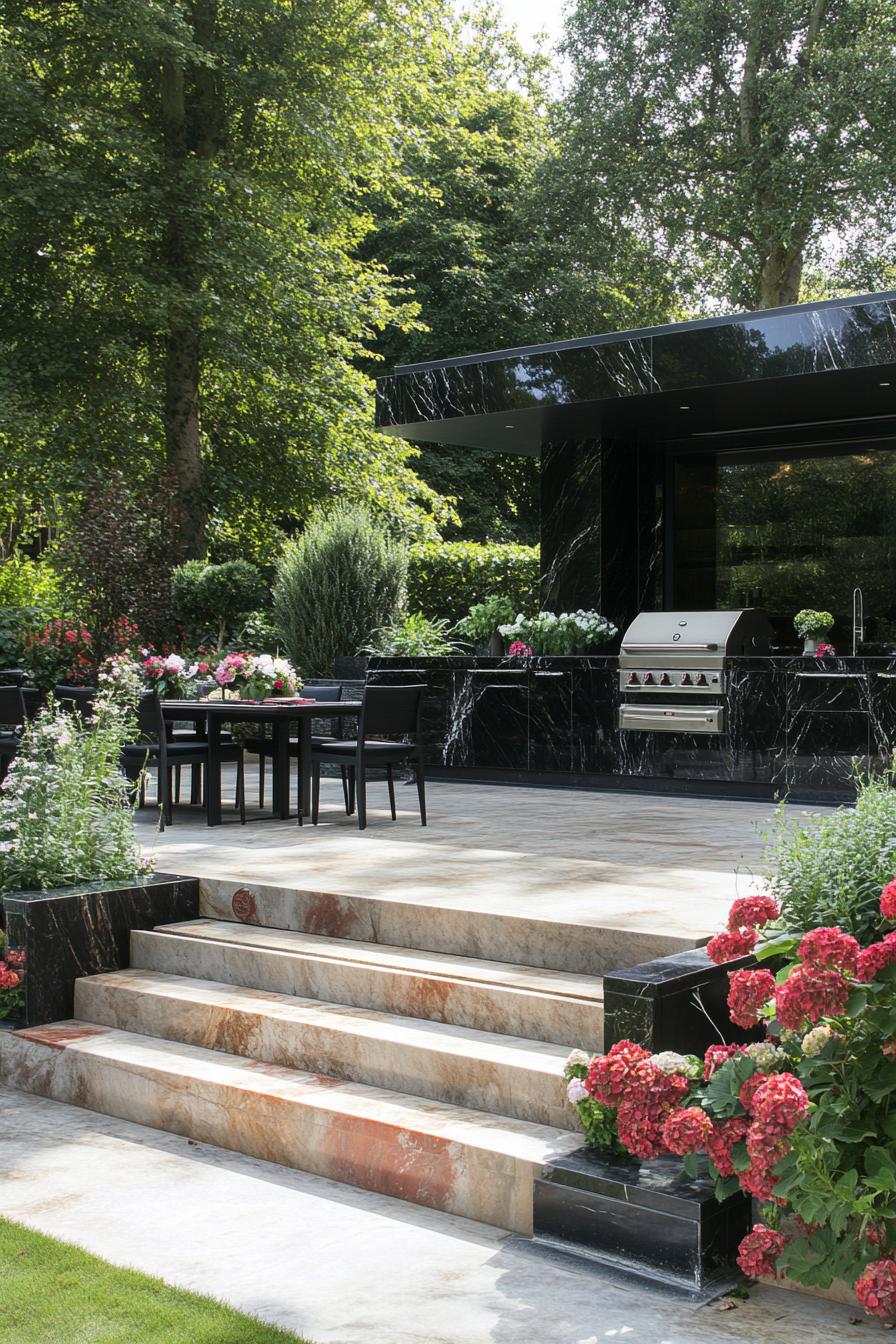 outdoor kitchen in a luxury estate garden with flowers and beautiful landscaping the kitchen area has black marble facade polished stone floor with 1