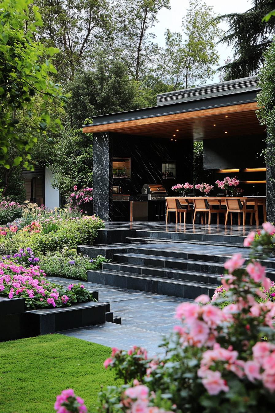 outdoor kitchen in a luxury estate garden with flowers and beautiful landscaping the kitchen area has black marble facade polished stone floor with