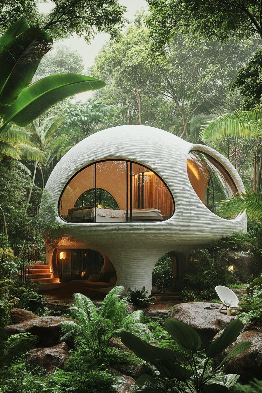 prefab 3d printed white round dome cabin with arched dormer windows in a lush tropical forest