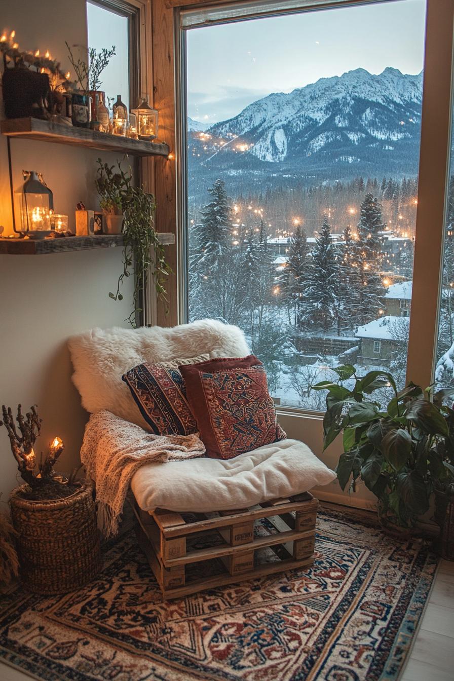 Cozy reading nook with a snowy mountain view