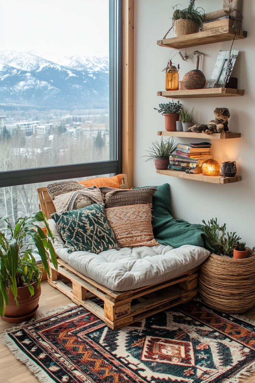 Cozy reading nook with pillows by a large window overlooking snowy mountains