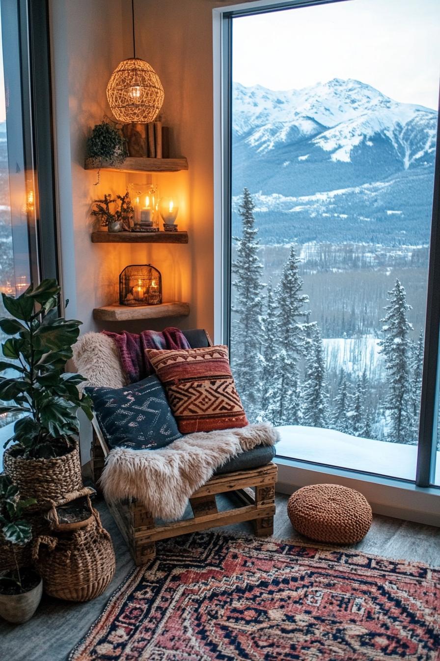 Warm reading nook with mountain views