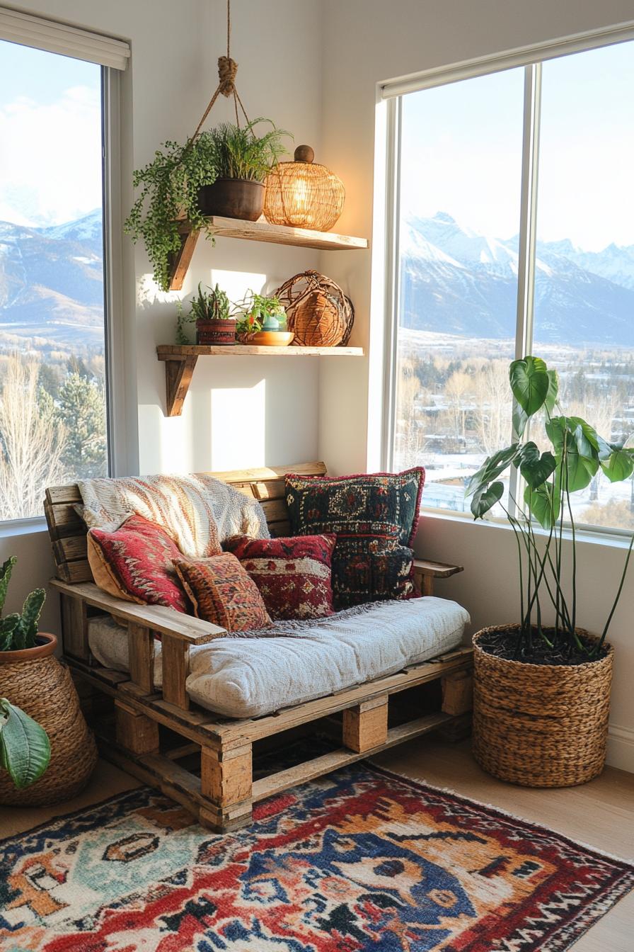 Cozy reading nook with mountain view and rustic decor