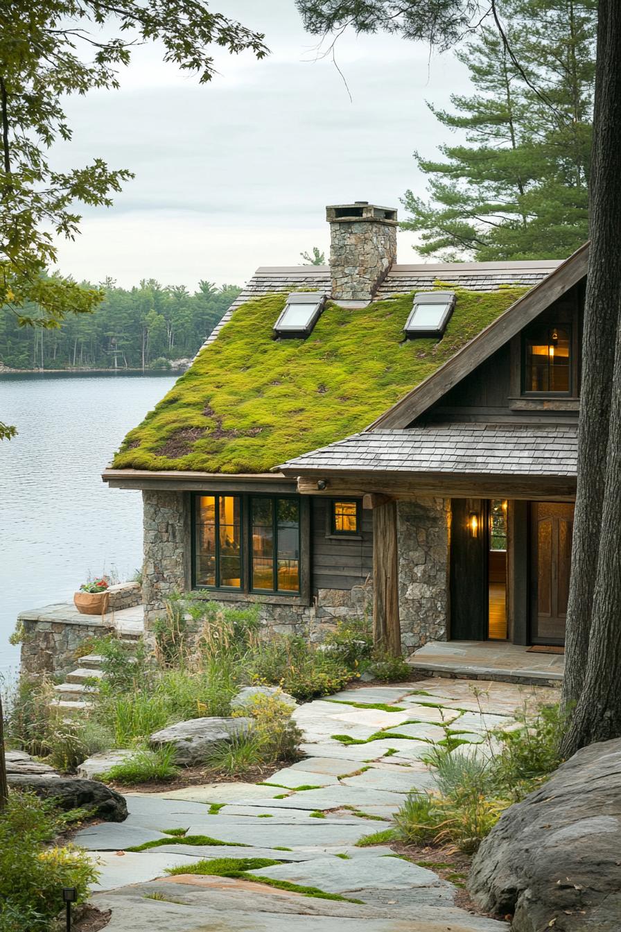 rustic modern lake house facade with moss covered green roof stunning lake views 1