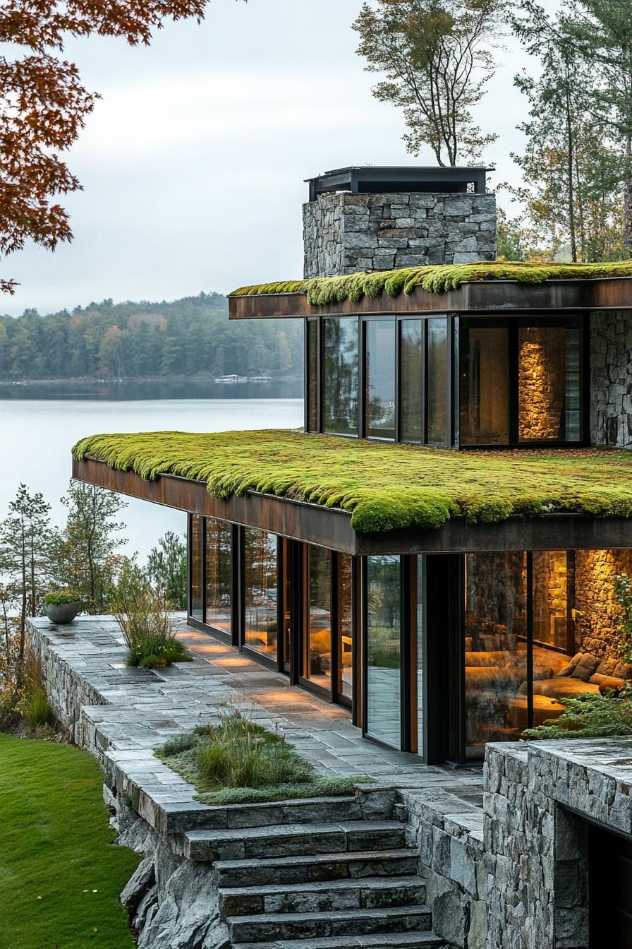 rustic modern lake house facade with moss covered green roof stunning lake views 2